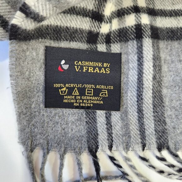 V. Fraas Cashmink Scarf 11" X 54" Gray Plaid Acrylic With Fringe Made In Germany - Picture 2 of 5
